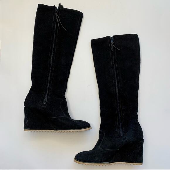 VINTAGE 1970s Black Suede Tall Boots Wedge Heel - Size 7-7.5 - Picture 8 of 11